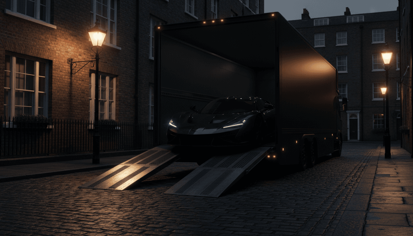 Supercar being unloaded from a transporter on a London street at dusk
