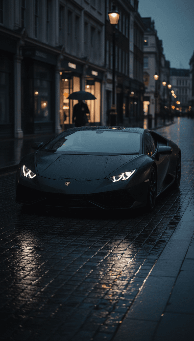 Lamborghini Huracan parked on a wet London street at dusk.