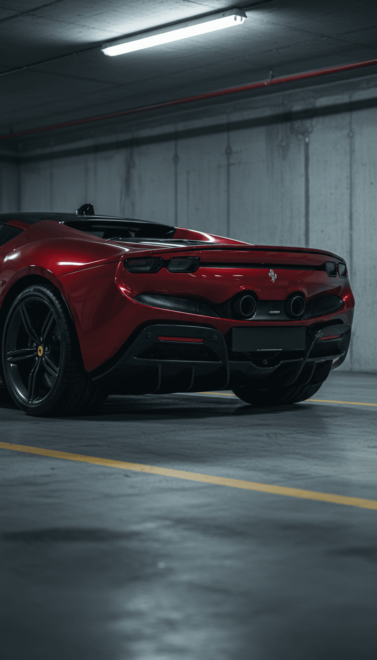 Ferrari 296 GTB parked in a private underground garage.