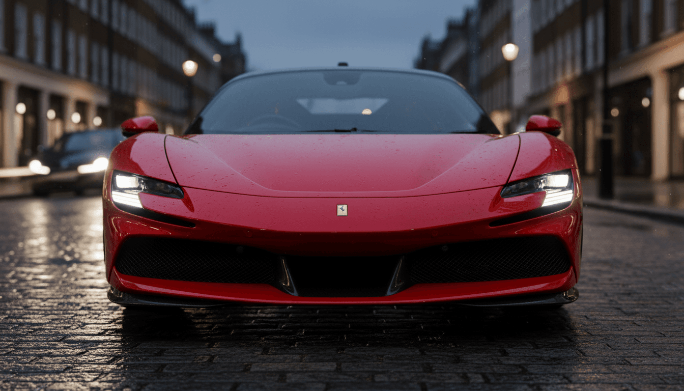 Luxury supercar front end on wet London street at dusk, reflecting city lights