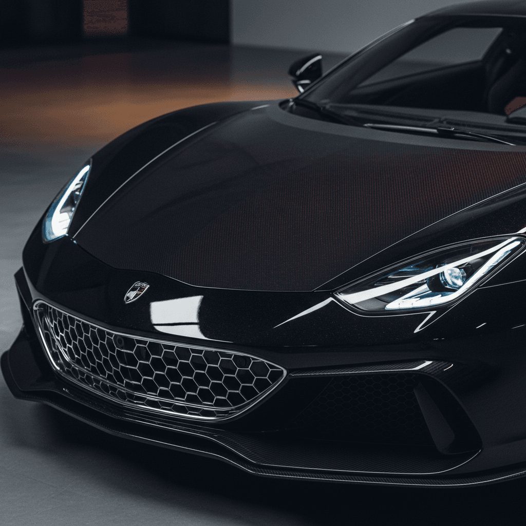 Dark supercar parked on a London street at dusk with soft reflections