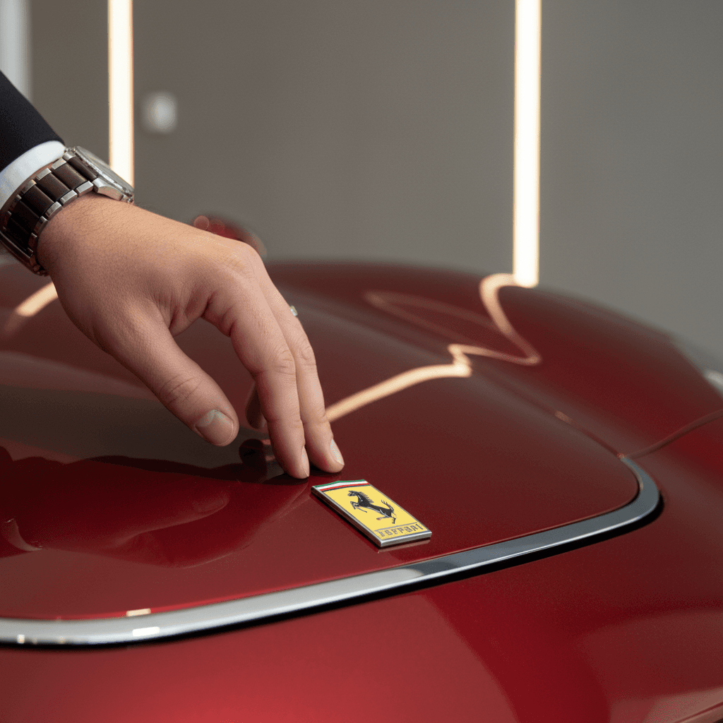 Luxury car specialist's hand inspecting authentic Italian sports car badge with precision under studio lighting