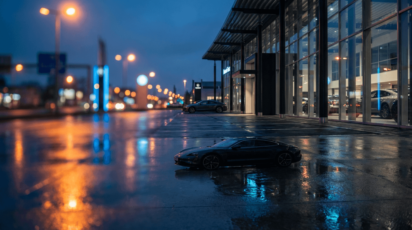 Luxury supercar driving through a wet London street at night