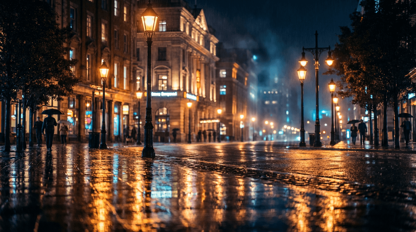 Supercar parked on a wet London street at night